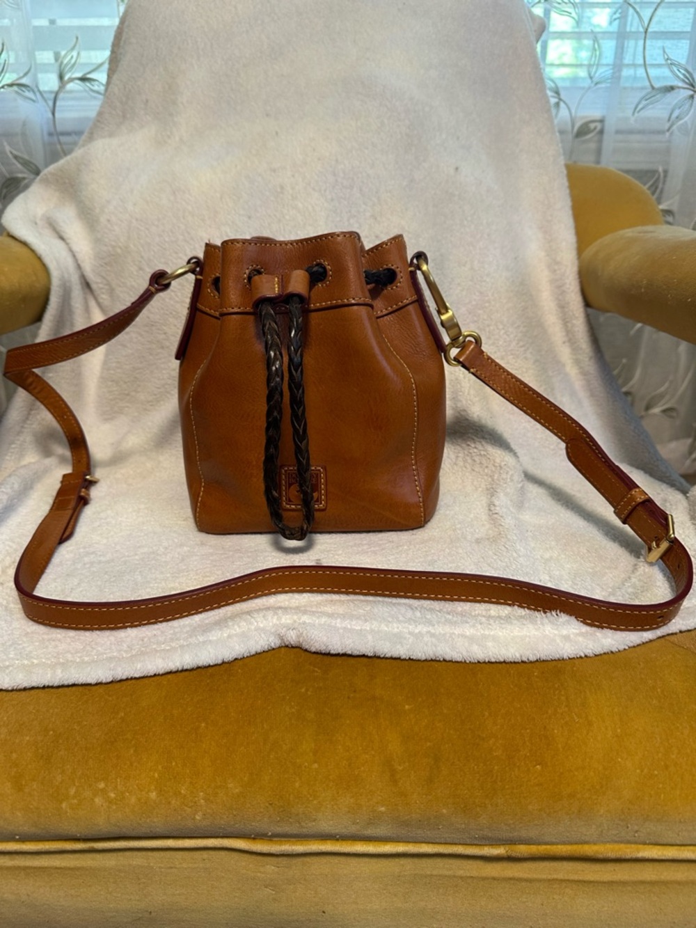 Dooney & Bourke mini Florentine Brown Leather Drawstring Crossbody Bucket Bag
